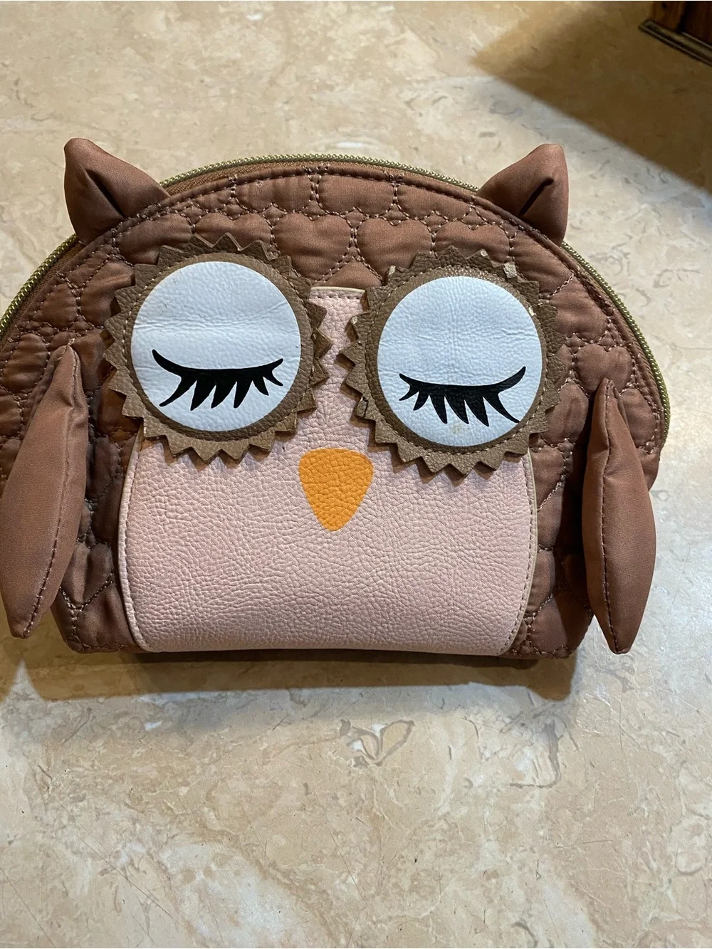 Betsey Johnson Brown and Pink Owl Makeup Bag with Yellow Beak